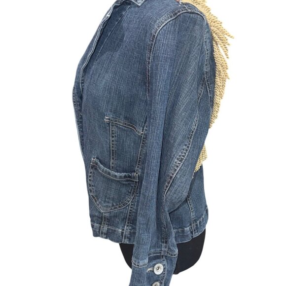 NWT J&J Originals Womens Denim Boho Artsy Retro Jacket Sunflower Fringe Detail M - Picture 5 of 11